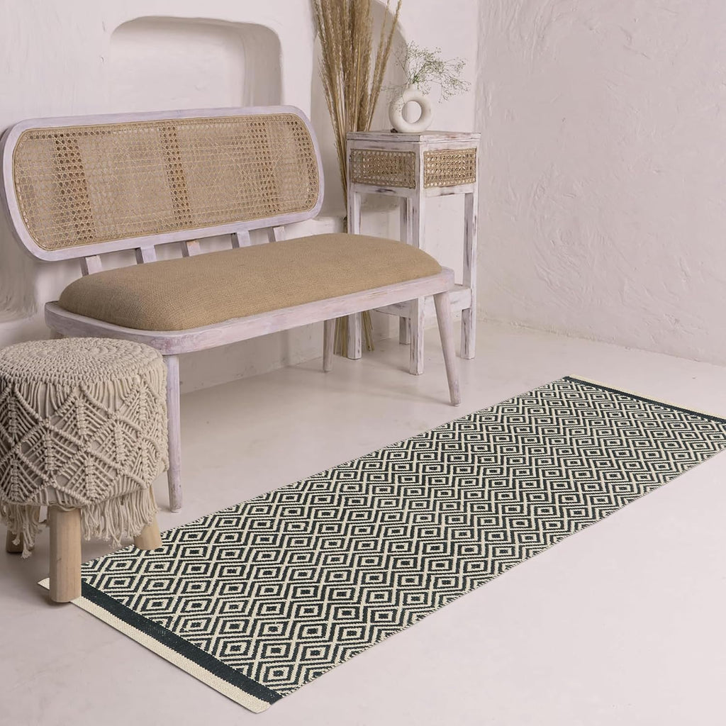 Vloerkleedloper van natuurlijk katoen – Handgeweven diamantontwerp – 60x152 cm (2x5 ft)