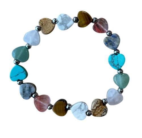 Dames armband multicolor 10 mm hartjes met RVS zilverkleurige tussenkralen
