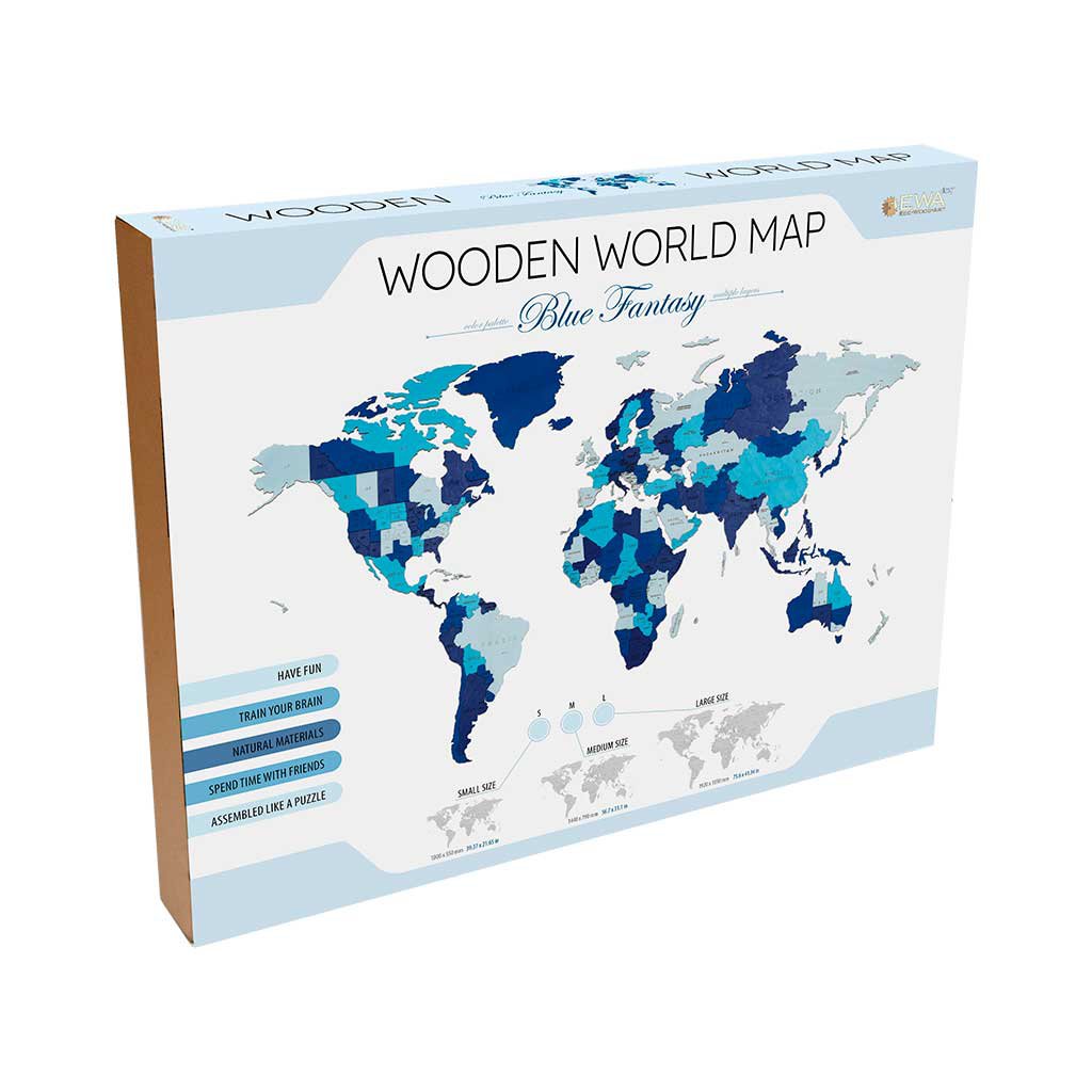Eco Wood Art (EWA) Houten Wandpuzzel Wereldkaart Blauw Maat L, 2697,192x105x1,2cm