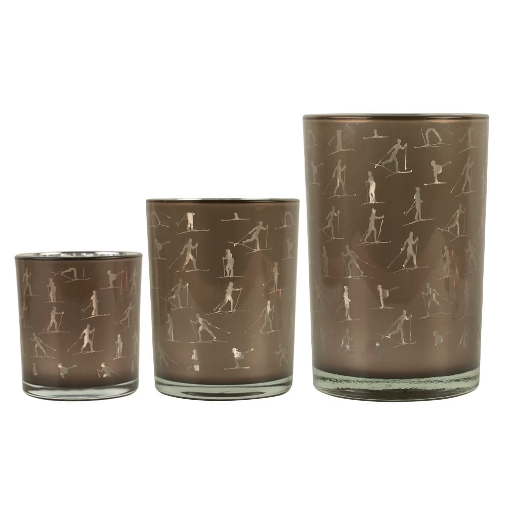Theelichthouder ski taupe zilver medium 12cm