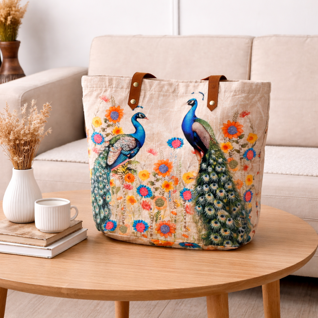 Geborduurde draagtas van pauwkatoen - Multi Shopper met bloemen - 40 x 48 cm