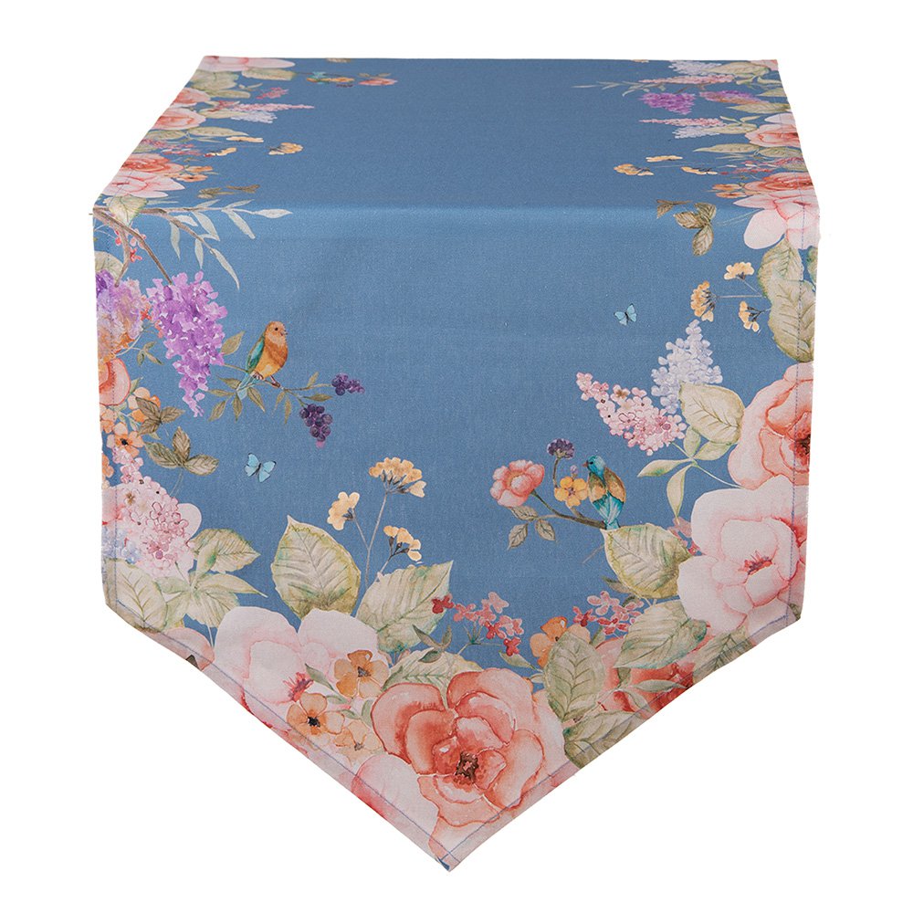 Tafelloper 50x160 cm Blauw Katoen Bloemen