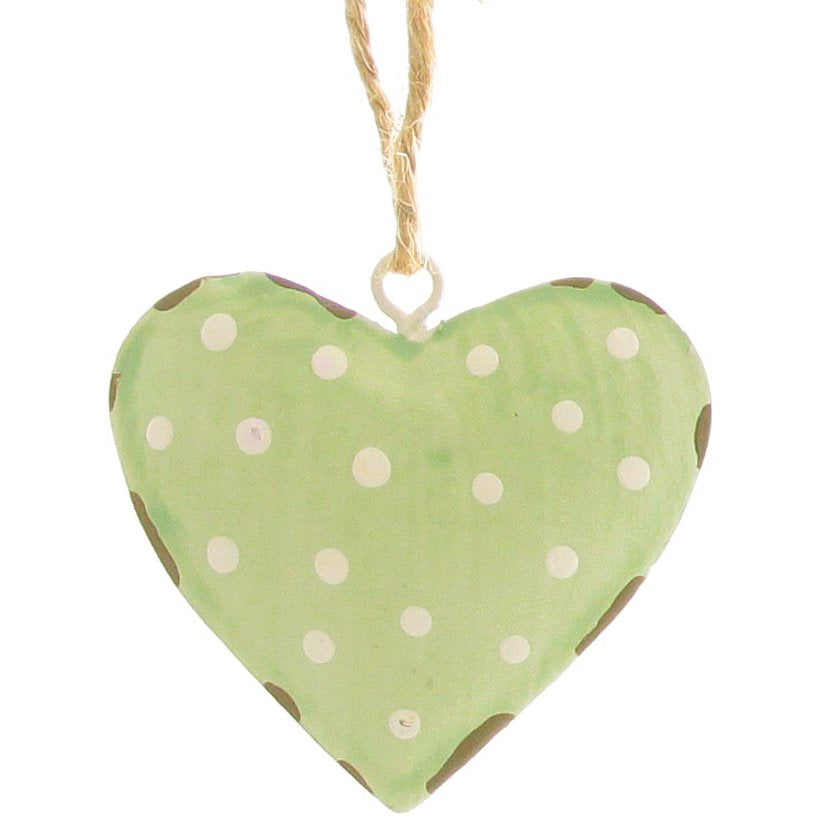 Metalenhanger hart met witte stippen 5x5cm groen