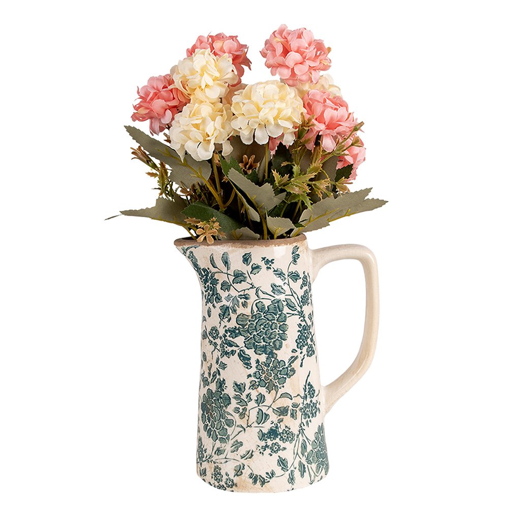 Decoratie Kan 16x11x20 cm Beige Groen Keramiek Bloemen Schenkkan