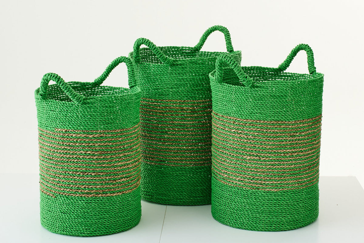 J-Line mand Gestreept - zeegras - naturel/groen - set van 3