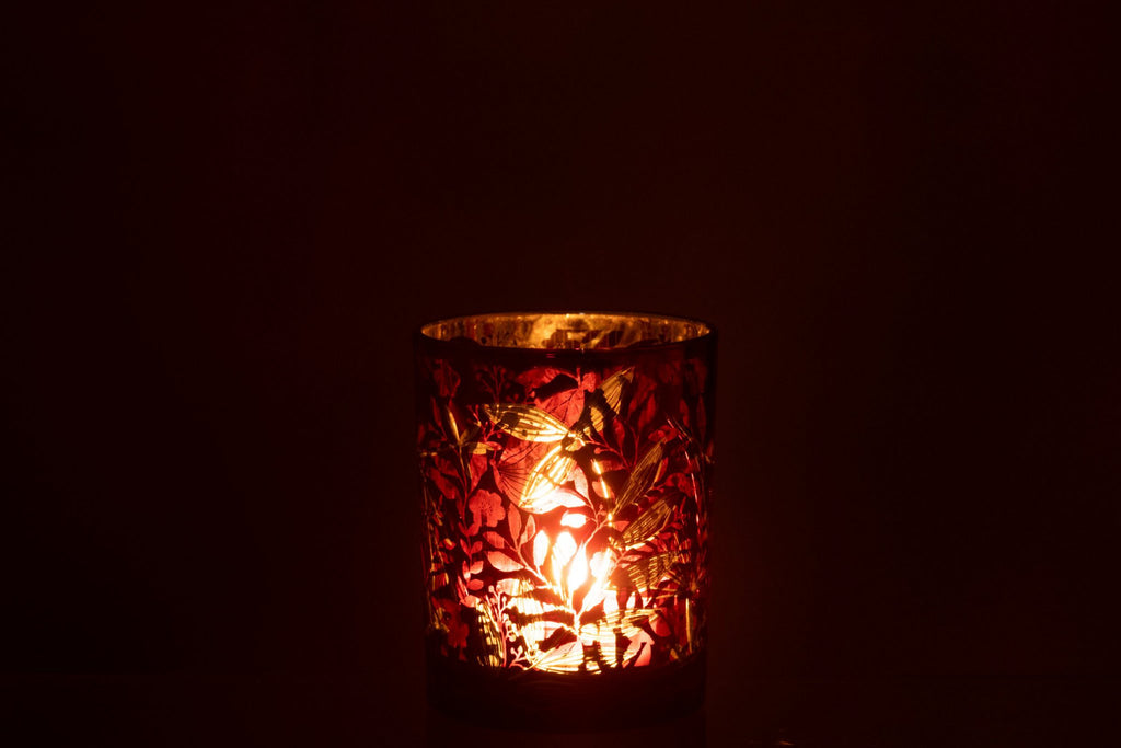 J-Line windlicht Blaadjes - glas - rood/goud - medium