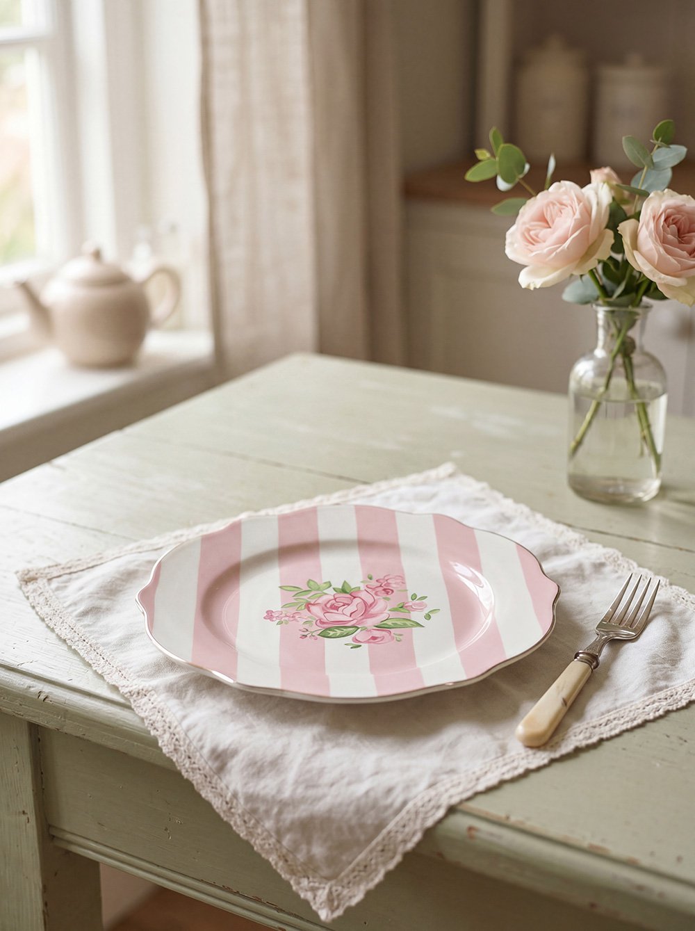 Ontbijtbord Ø 20 cm Roze Wit Porselein Rozen Bord