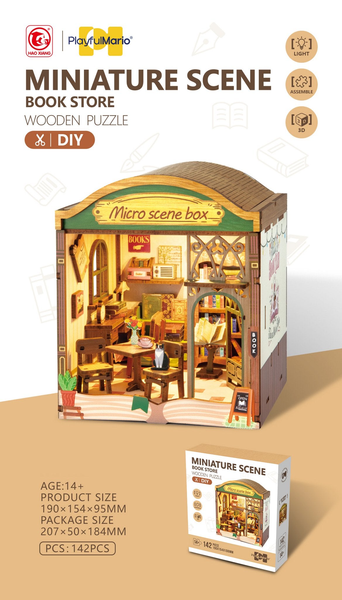 DIY Miniature Scene 3D Boekwinkel met LED- verlichting- MDF