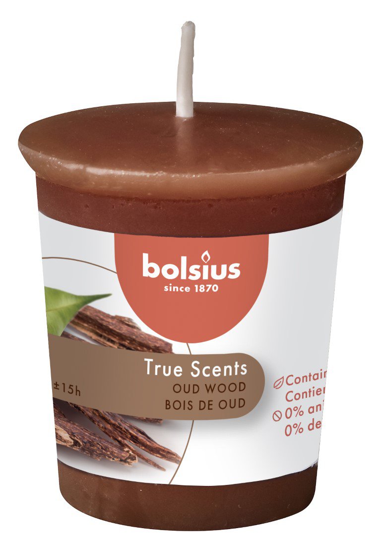 True Scents votive rond 53/45 doos 12 stuks Oud Wood