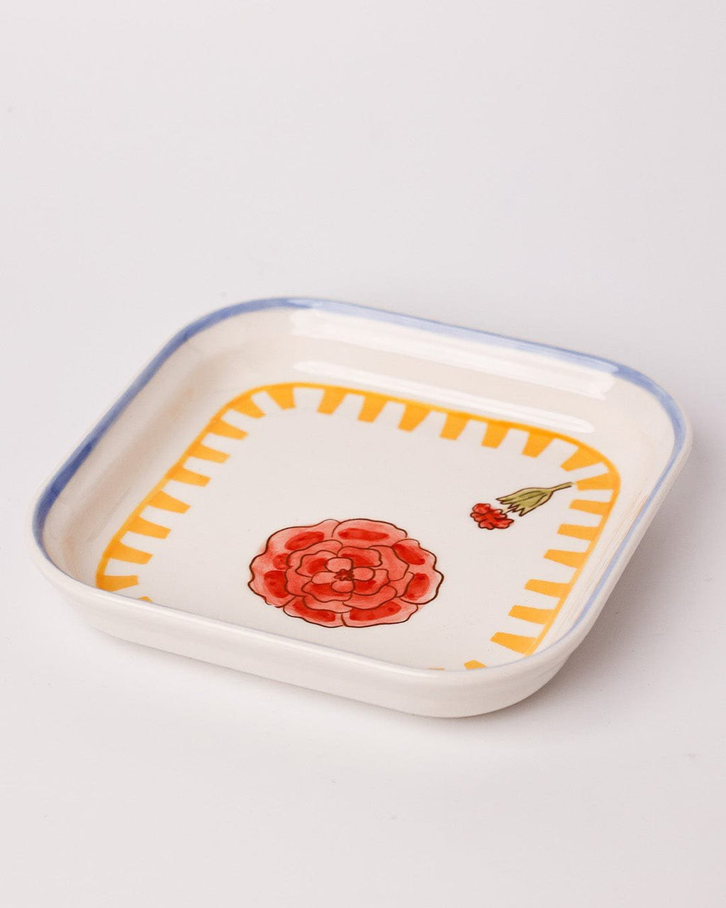 Handbeschilderd keramieken serveerbord vierkant - bloemmotief, 15,5 cm