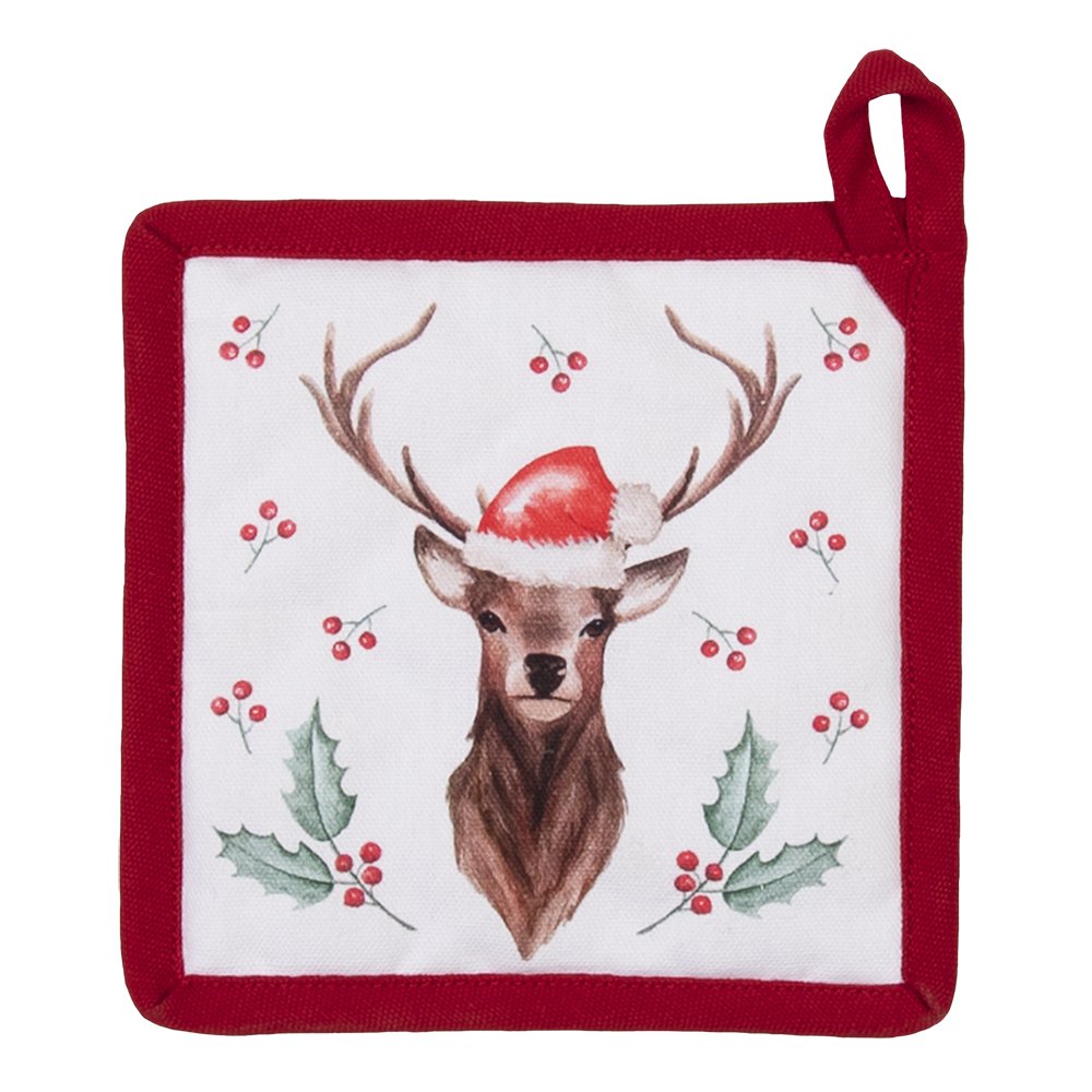 Kind Pannenlap 16x16 cm Wit Rood Katoen Hert Hulstbladeren Moeder Dochter