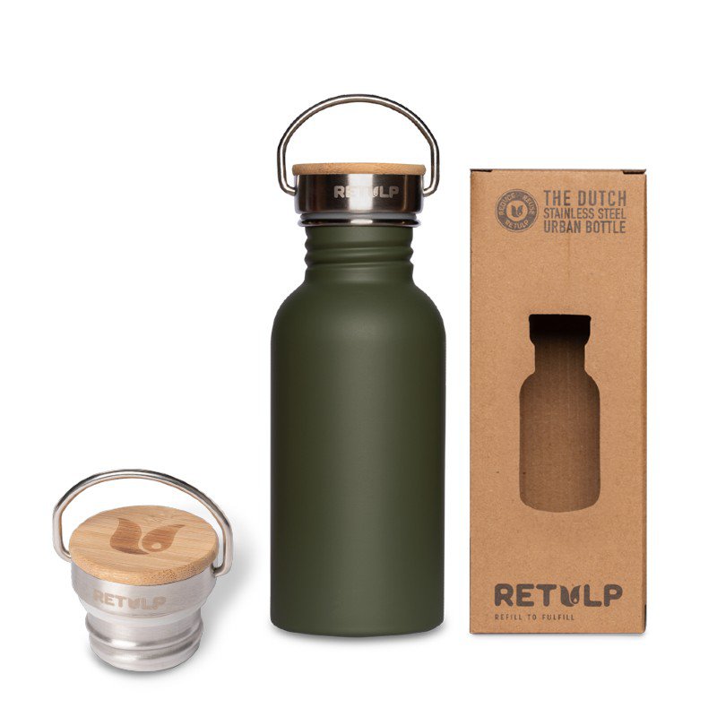 RVS drinkfles bamboe dop 500 ml steel Green