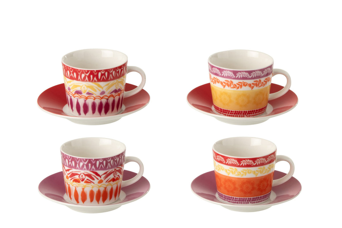 J-Line kopje + schoteltje - keramiek - paars/rood - S - set van 4