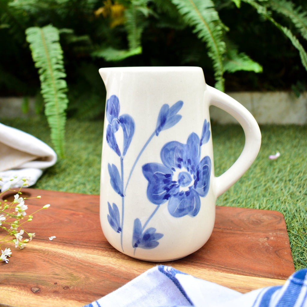 Kruik | Keramiek Handgeschilderde Blauwe Bloem | 800 ml