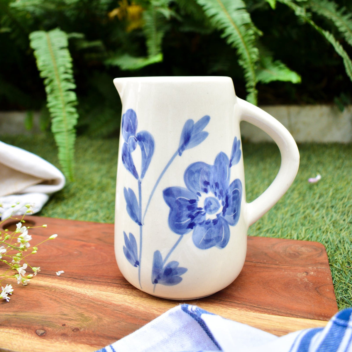 Kruik | Keramiek Handgeschilderde Blauwe Bloem | 800 ml