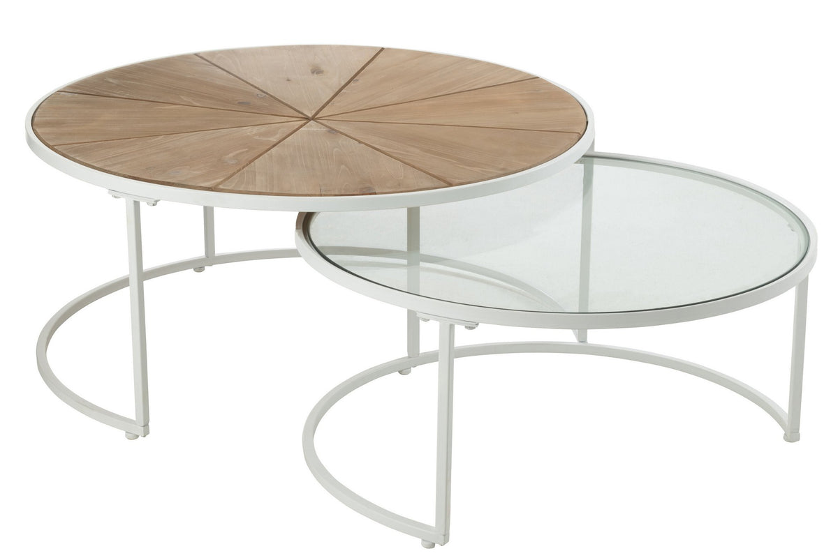 J-Line bijzettafel Relax - metaal/hout - wit/naturel - set van 2