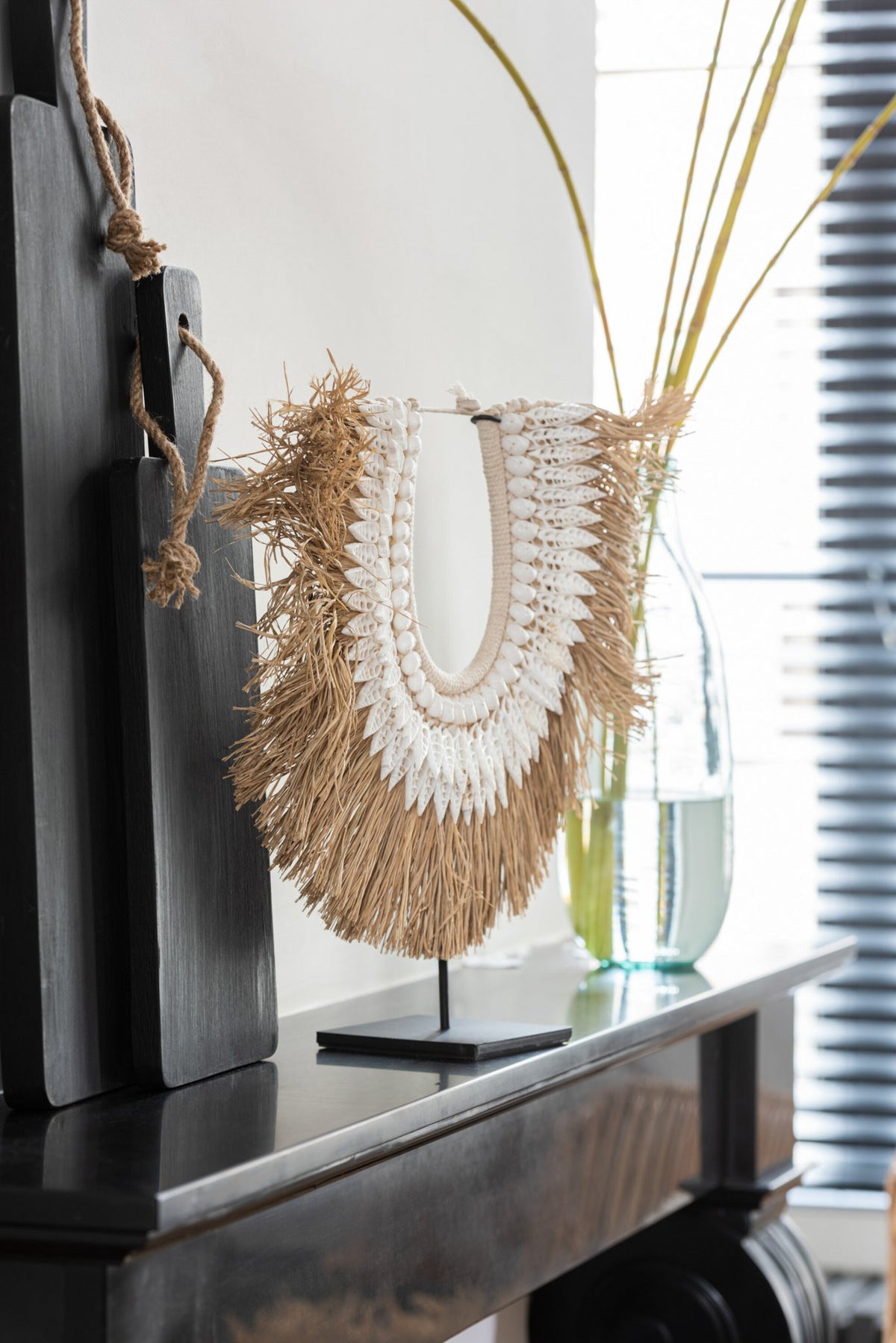 J-Line decoratie Ketting + Staander Schelpen - zeegrass - wit -large