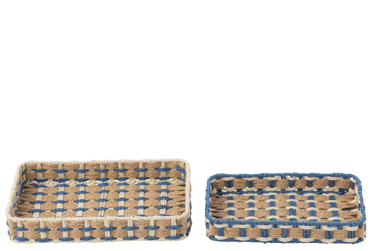 J-Line plateau Rechthoek - papier - naturel/blauw - set van 2