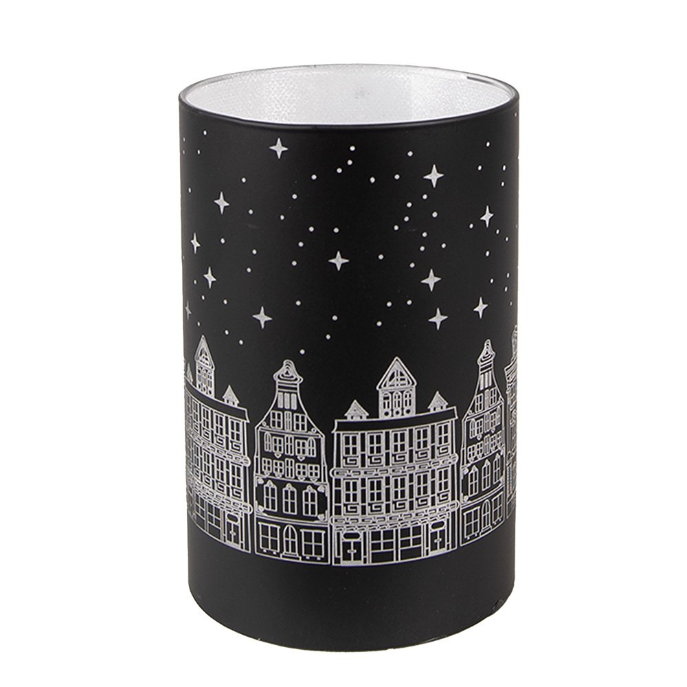 Waxinelichthouder met LED Ø 8x12 cm Zwart Zilverkleurig Glas