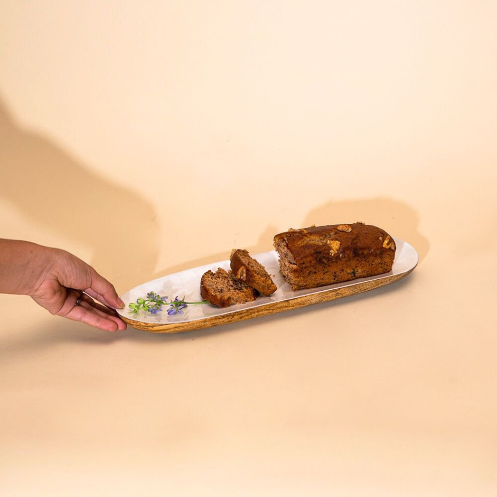 Mangohouten dienblad - geëmailleerde ellipsvorm, 38x12cm