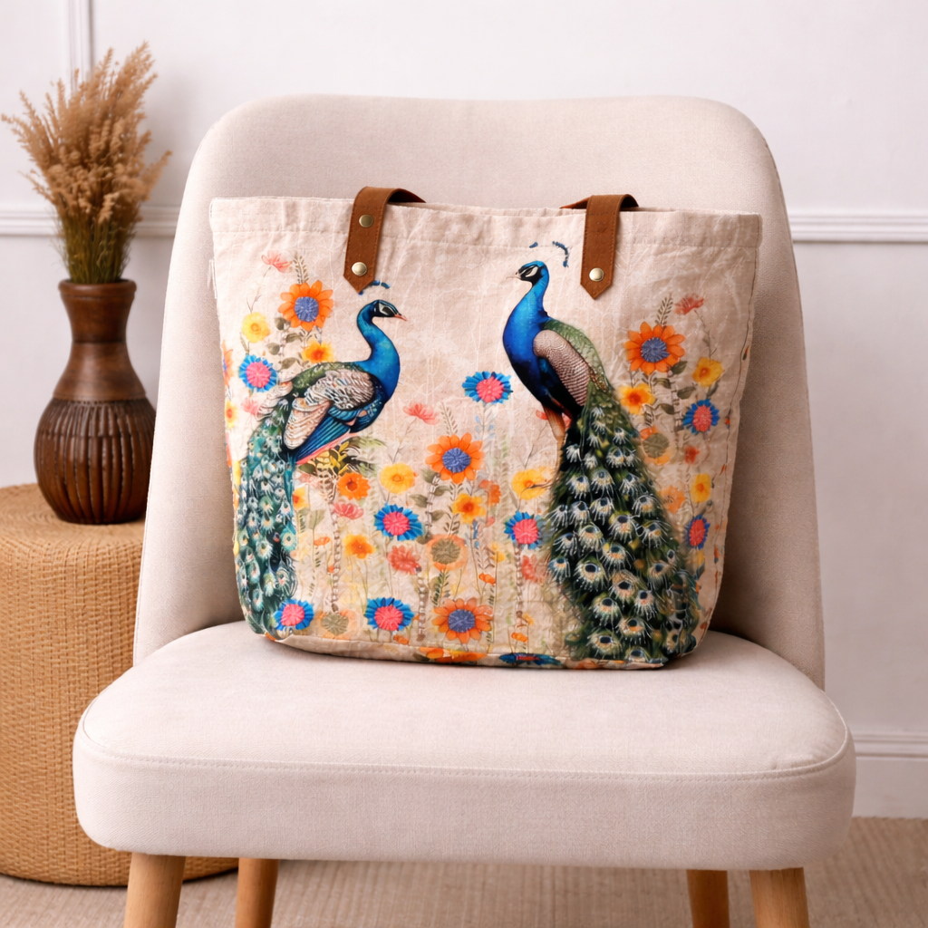 Geborduurde draagtas van pauwkatoen - Multi Shopper met bloemen - 40 x 48 cm
