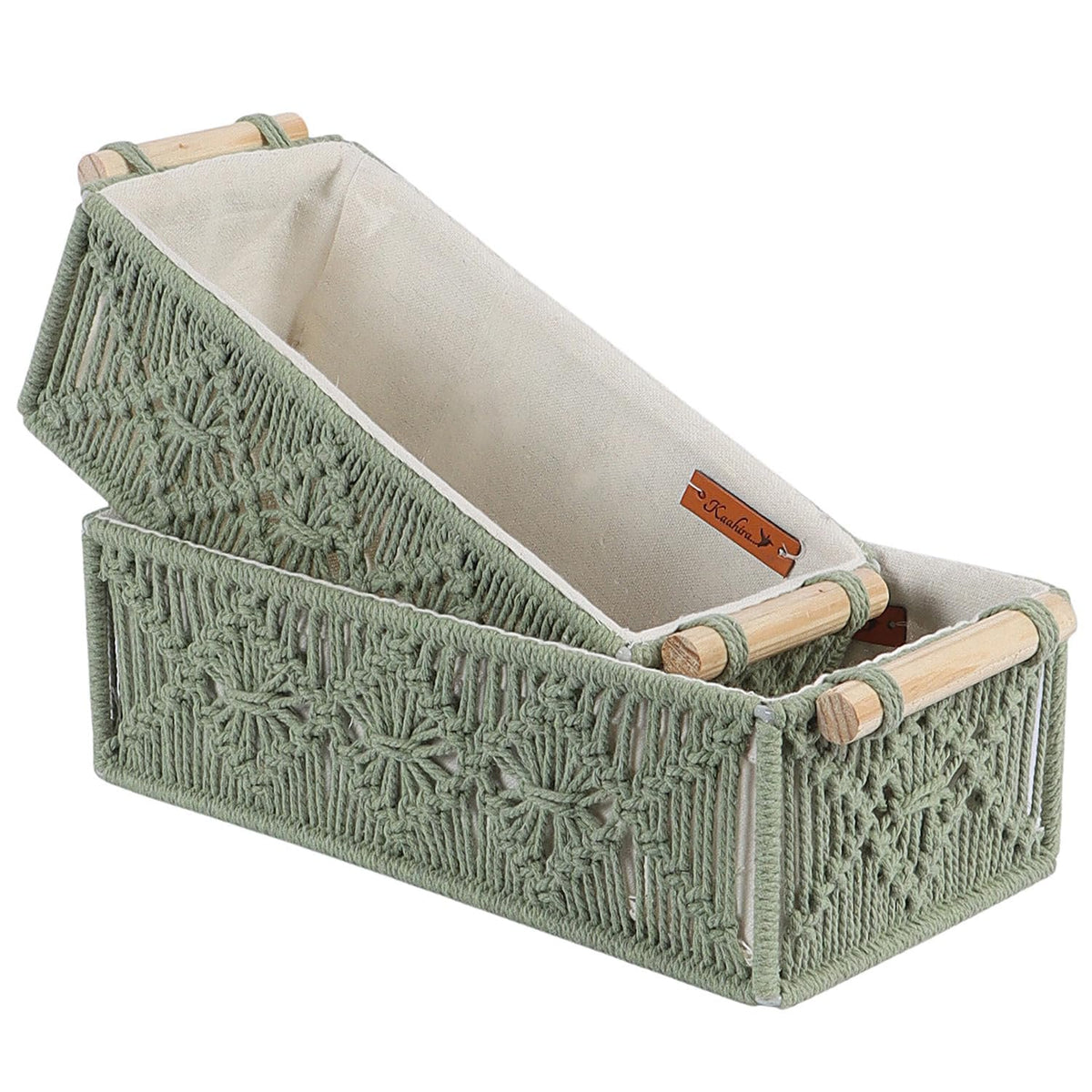 Mosgroene handgemaakte decoratieve mand van katoen – set van 2 stuks