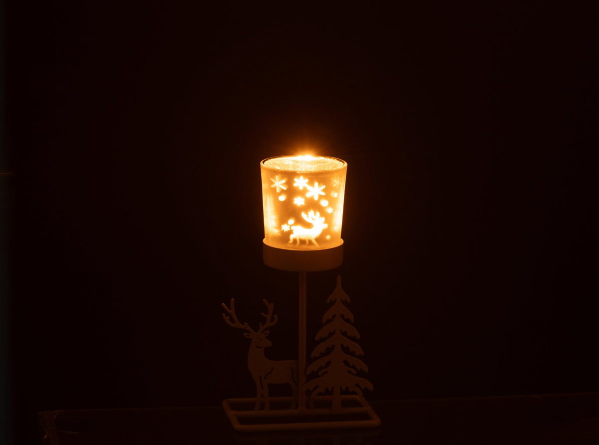 J-Line theelichthouder Winter - ijzer - wit/rood