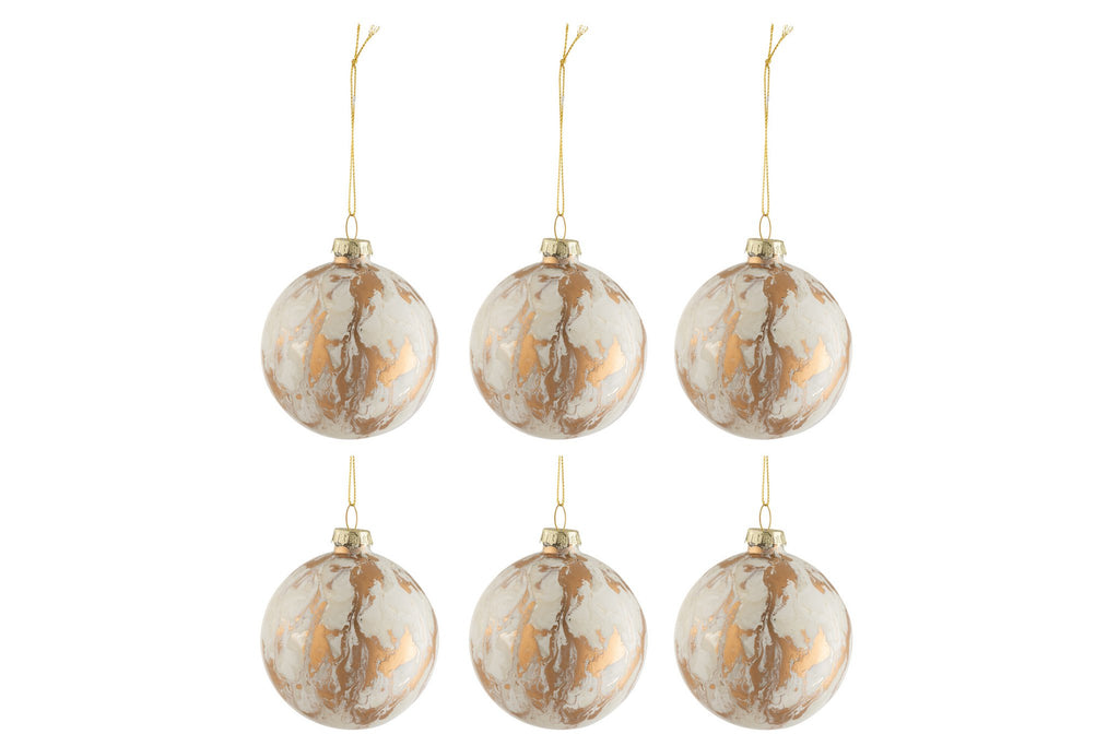 J-Line kerstbal Marmerlook - glas - wit/goud - small - doos van 6