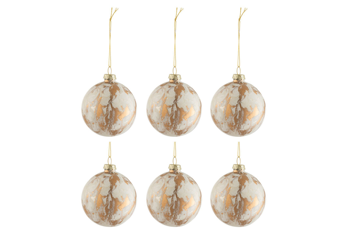 J-Line kerstbal Marmerlook - glas - wit/goud - small - doos van 6