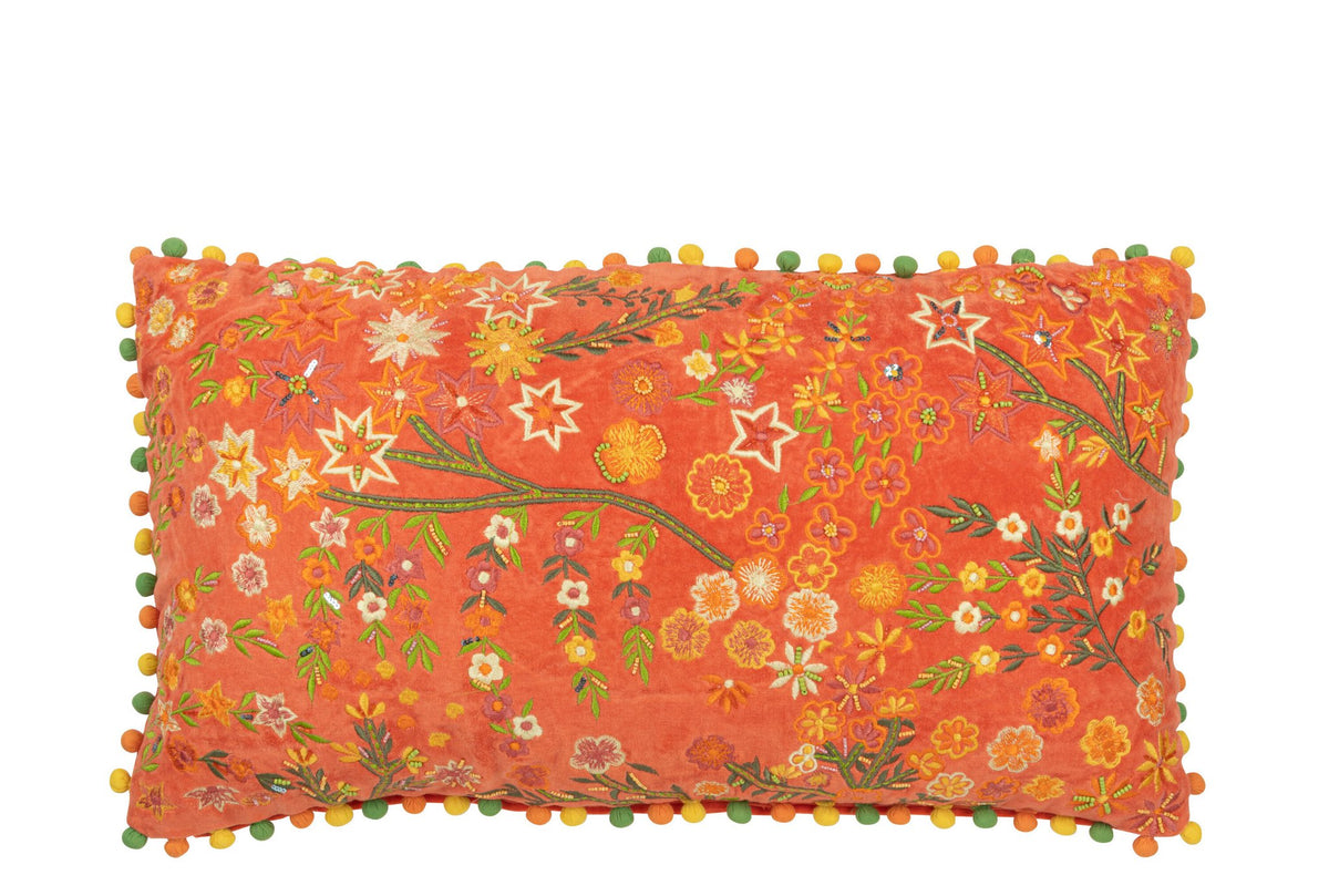 J-Line kussen Rechthoek Bloemen + Pompoms - fluweel - oranje