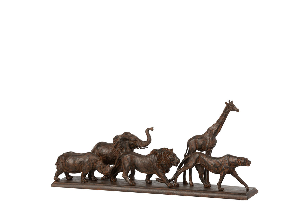 J-Line decoratie 5 Dieren Op Een Rij - polyresin - bruin - small