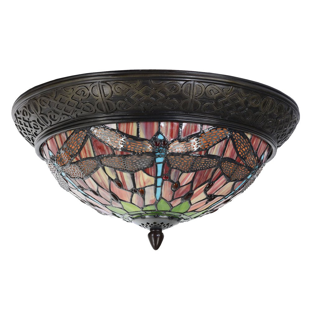 Plafondlamp Tiffany Ø 38x19 cm Rood Groen Glas Libelle Plafonniere