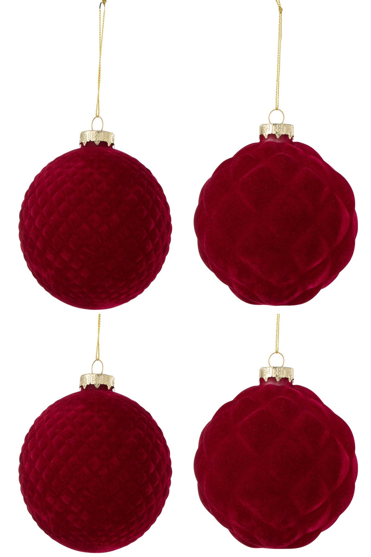 J-Line kerstbal - fluweel - rood - large - doos van 4