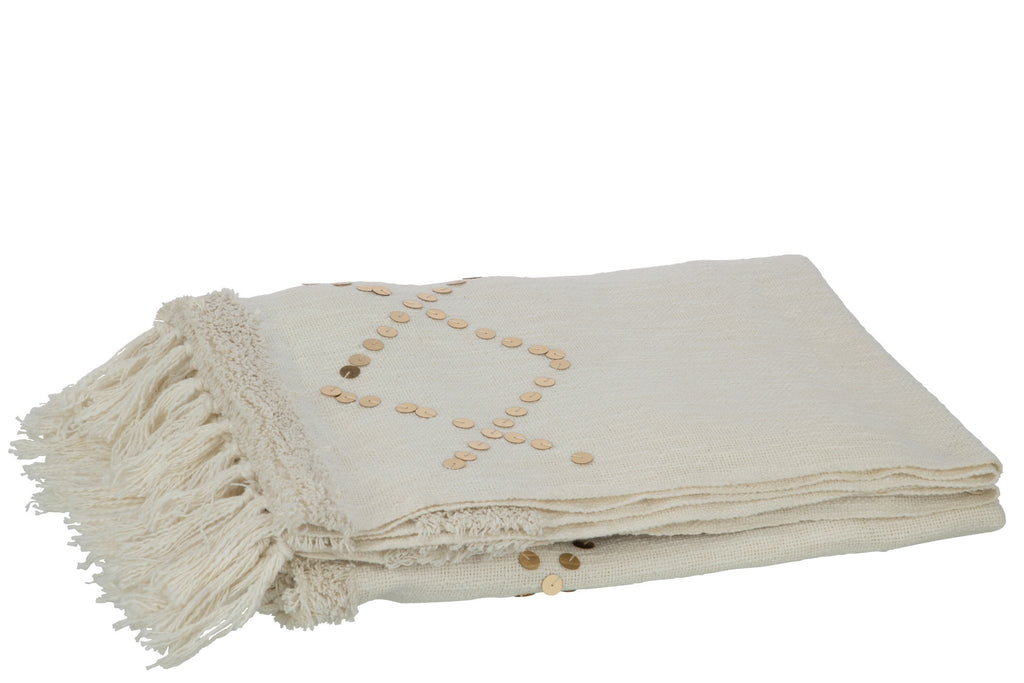 J-Line Plaid diamanten + franjes - katoen - wit/goud - 130 x 180 cm