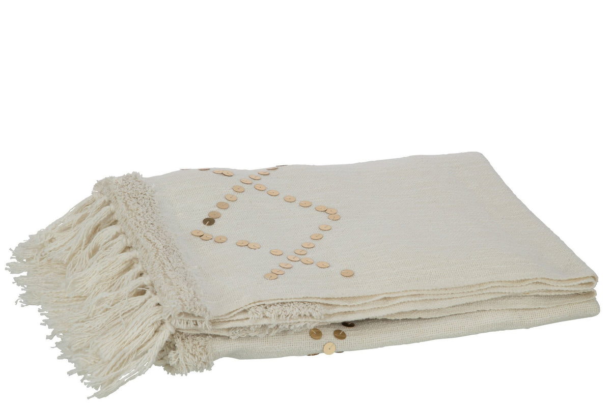 J-Line Plaid diamanten + franjes - katoen - wit/goud - 130 x 180 cm