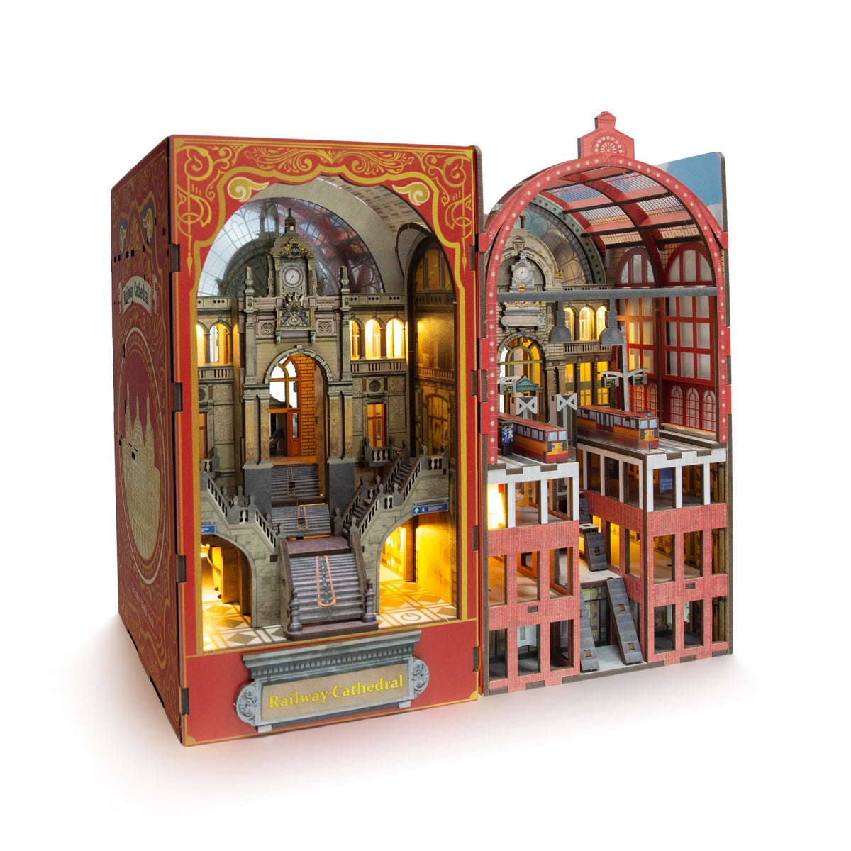 Bouwpakket 3D DIY Boekensteun Booknook Railway Cathedral met LED lichtsensor