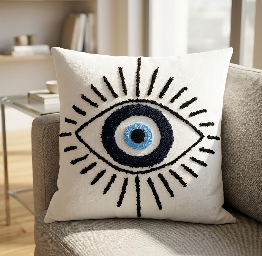 Evil Eye getufte decoratieve kussenhoes - 100% katoen - 1st