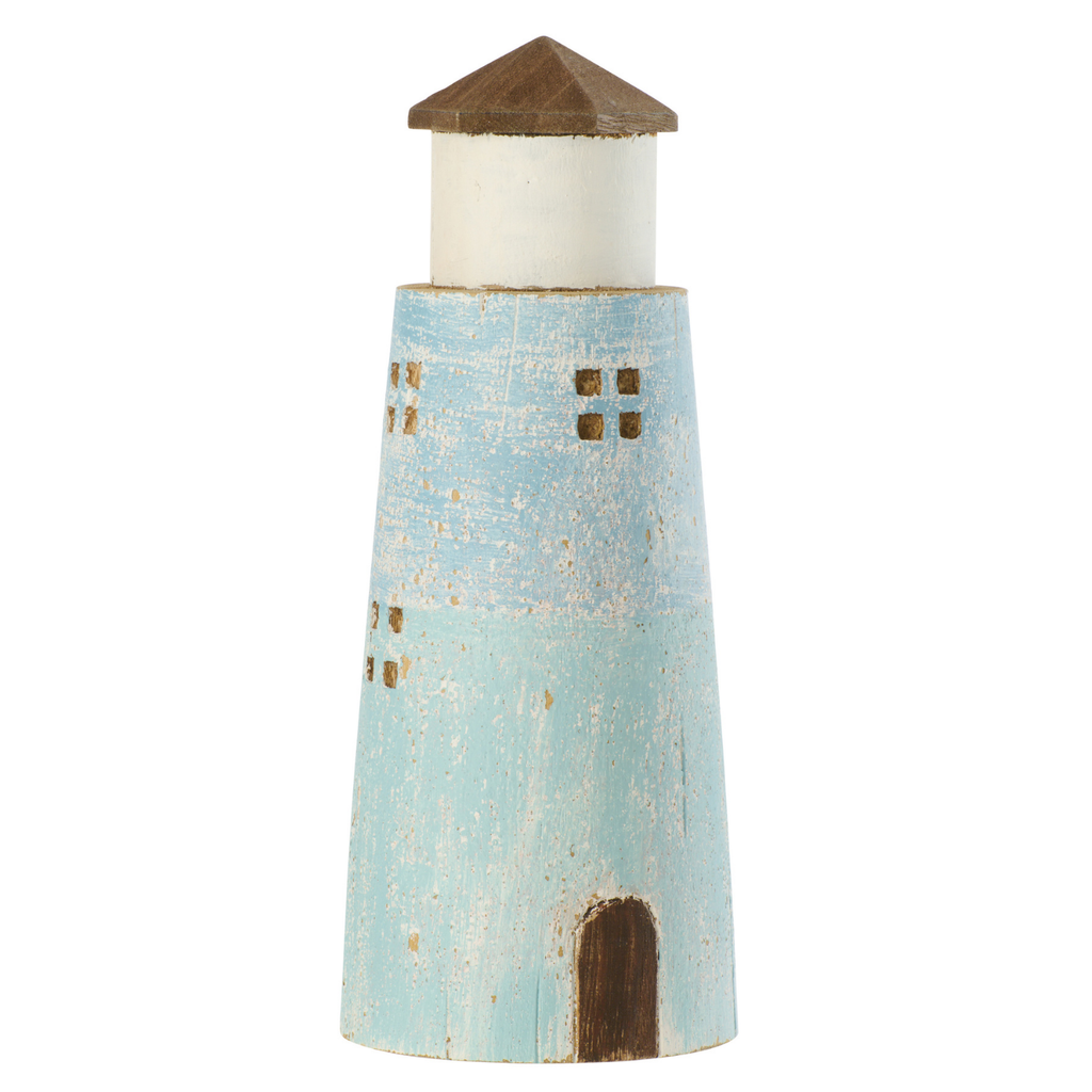 J-Line decoratie Vuurtoren - hout - naturel/lichtblauw - L