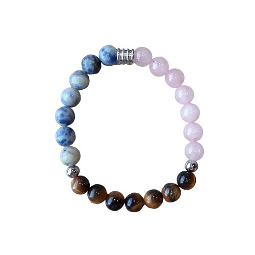 Dames armband Triple Power 8 mm met Rozenkwarts, Sodaliet en Tijgeroog