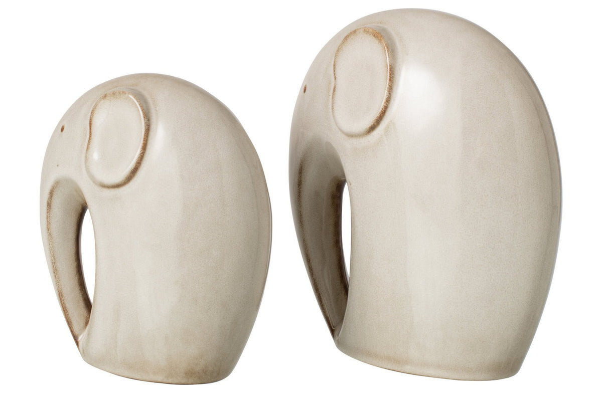 J-Line decoratie Olifant - porselein - beige - 2 stuks