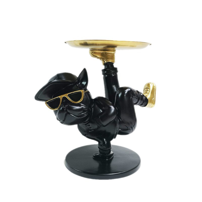 Polyresin bulldog zwart met dienblad