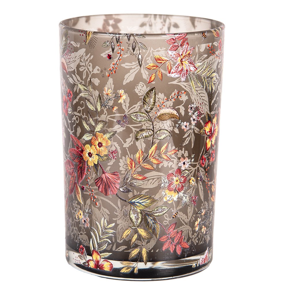 Theelichthouder Ø 12x18 cm Grijs Glas Bloemen