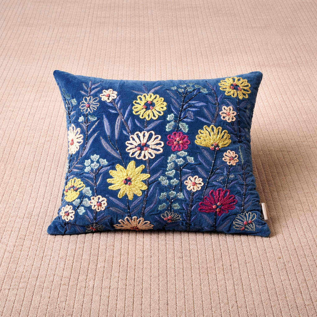 Katoenen kussen - Blauw fluwelen design - 45 x 45 cm