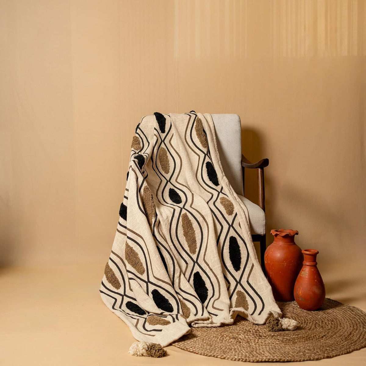 Plaid met beige zwart patroon – katoenen deken – natuurlijke geweven basis – 180x130 cm