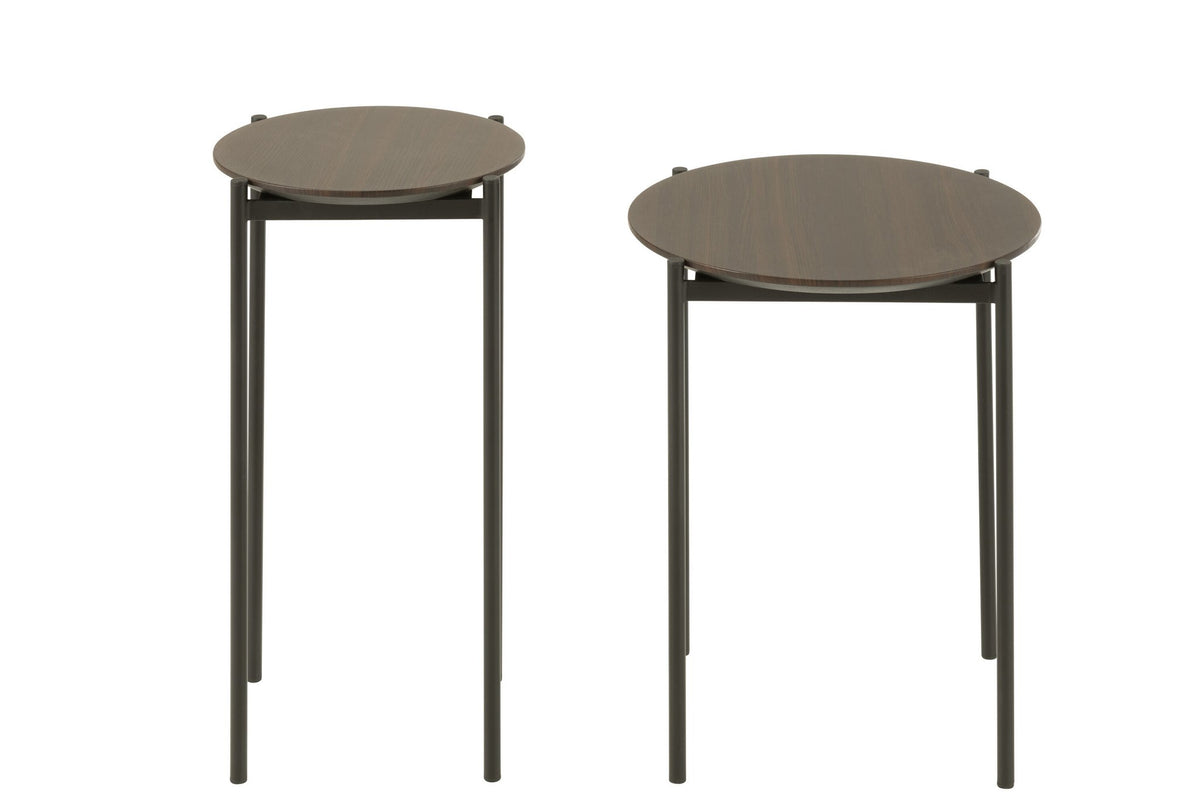 J-Line bijzettafel Rond - hout/metaal - donkerbruin - set van 2