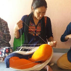 Luna-Leena mand hoog met gebroken witte strepen - jute & katoen - H30cm - hand gehaakt in Nepal