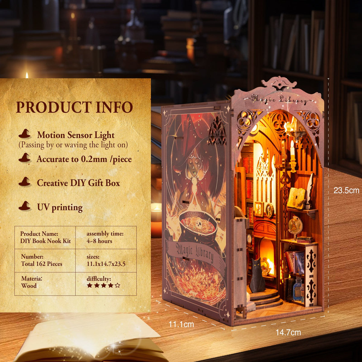 Bouwpakket 3D DIY Boekensteun Booknook Magic Library met LED lichtsensor