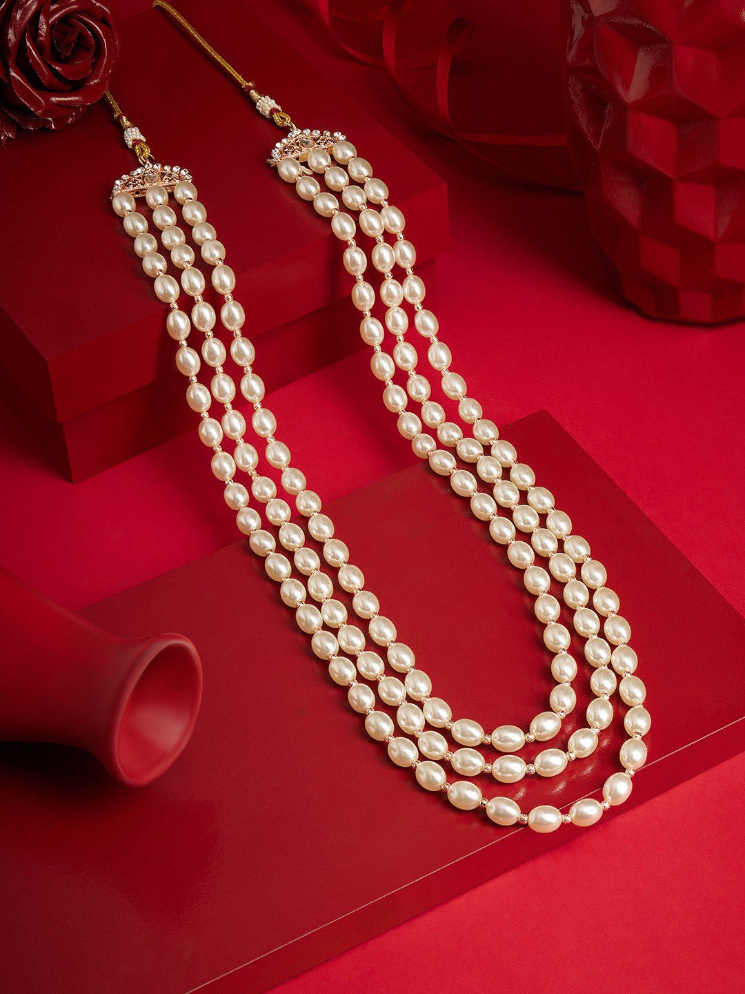 Rosévergulde gelaagde ketting – Verstelbare ketting – Legering met parels – 64 cm lengte