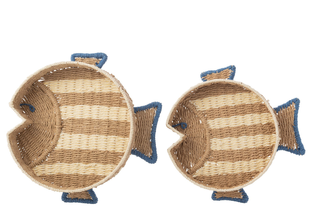 J-Line plateau Vis Gestreept - papier - naturel/blauw - set van 2