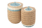 J-Line mand met deksel - papier - naturel/lichtblauw - set van 2